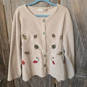 Nick & Sarah Cardigan Womens Size 3X Tan Fleece Embroidery Leaves Button Vintage